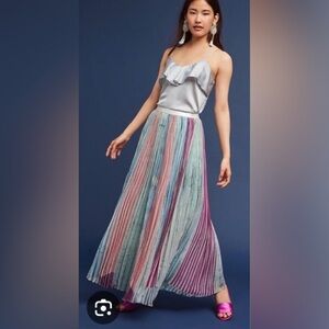 Anthropologie Geisha Designs Lily Pleated Maxi Skirt, Metallic Elastic Waistband